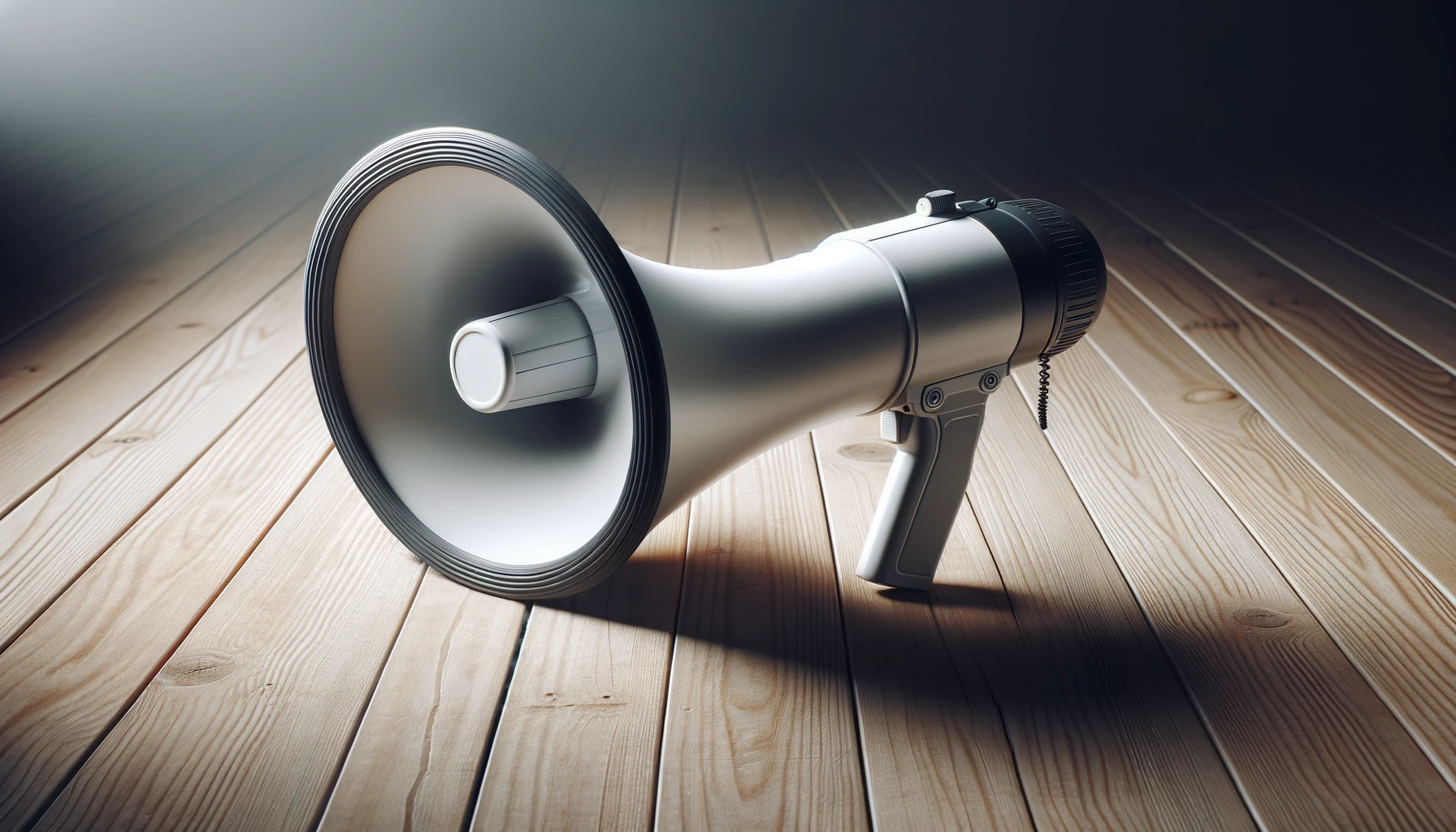 a single megaphone lying on a wooden surface, highlighted by subtle lighting