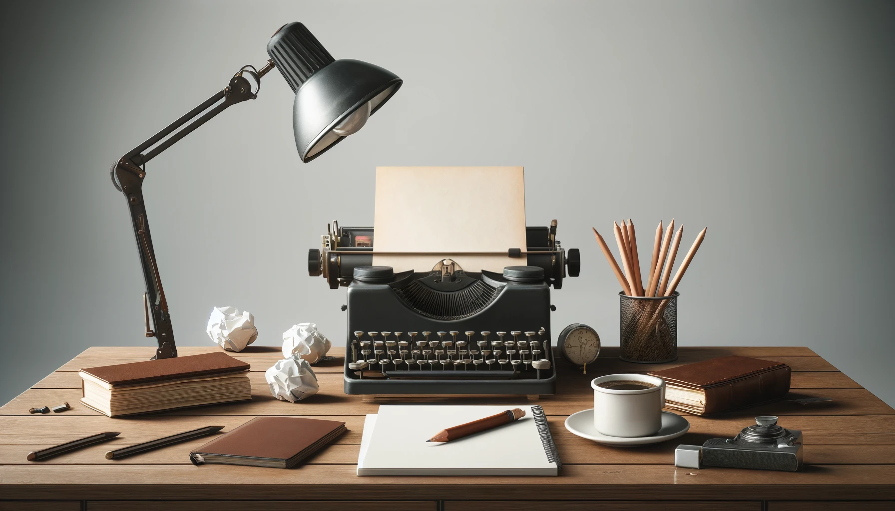 a journalist's vintage workspace with a typewriter, crumpled papers, pencils, a lamp, and a coffee cup on a wooden desk.
