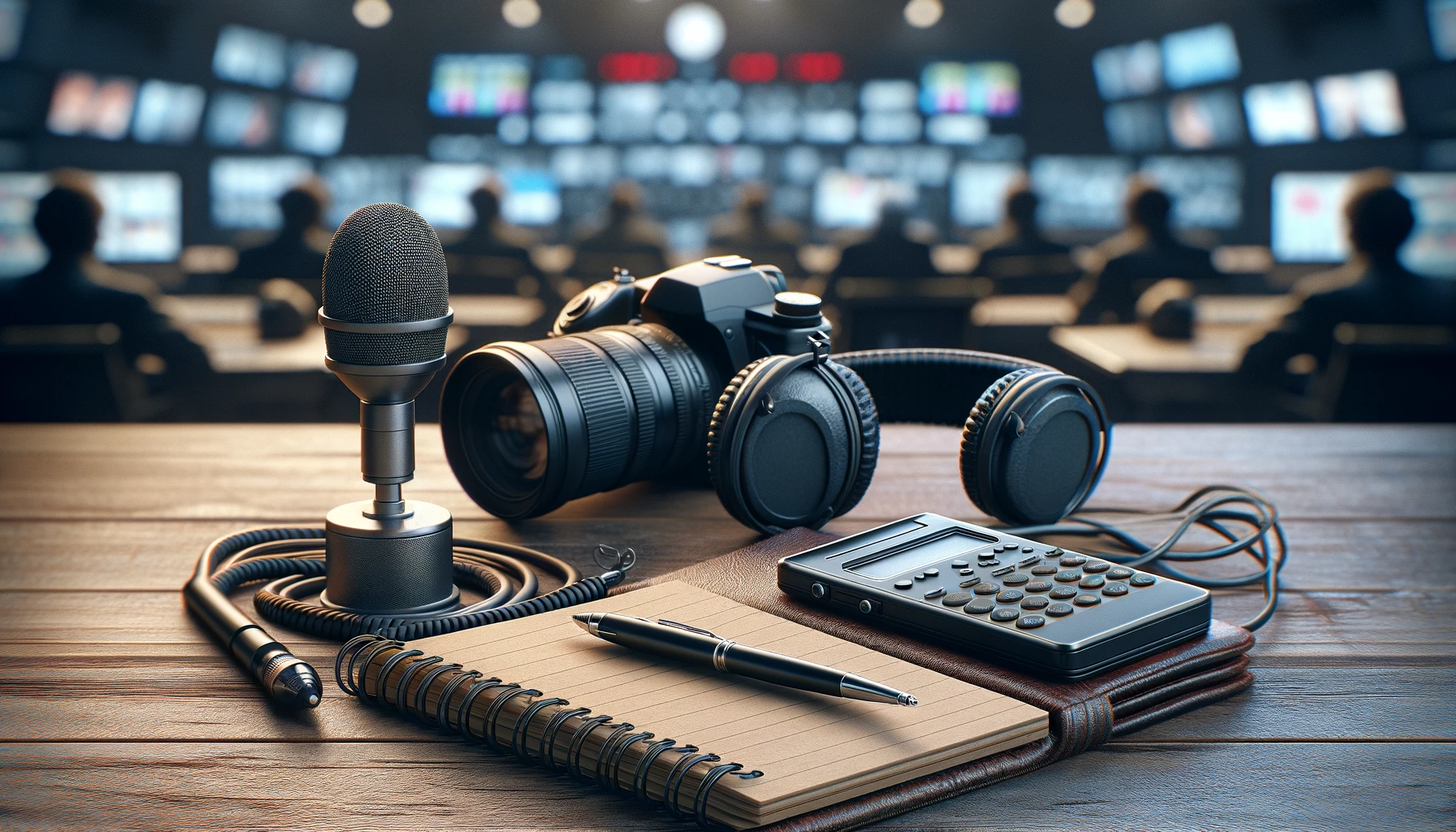 a collection of professional journalistic equipment on a desk, including a microphone, camera, headphones, notepad, and voice recorder.