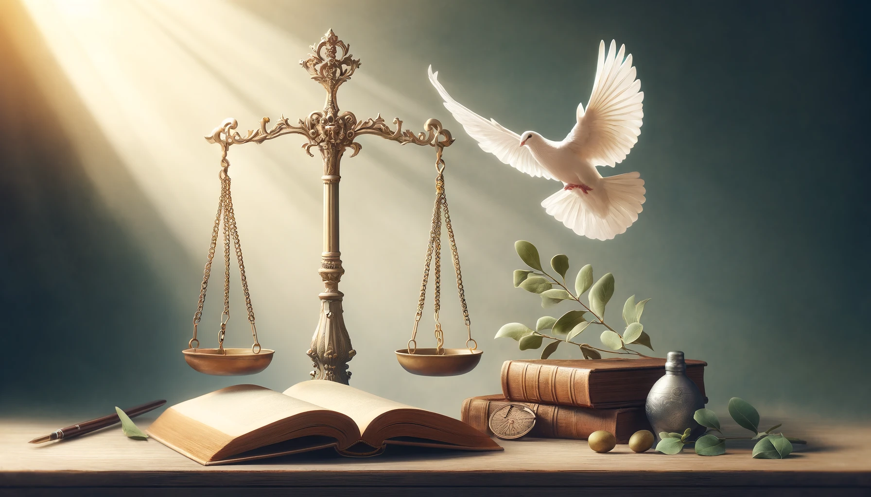 symbols of truth and respect with a vintage balance scale, a dove in flight, an open book, and an olive branch