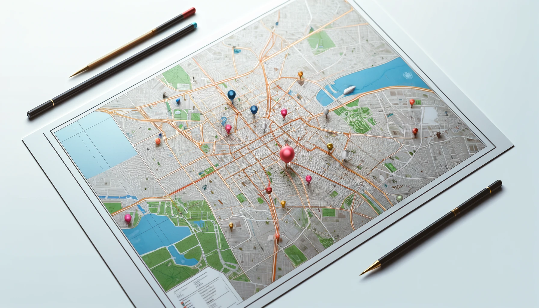 a detailed city map laid out on a flat surface, marked by colorful pinpoints highlighting various streets and landmarks.
