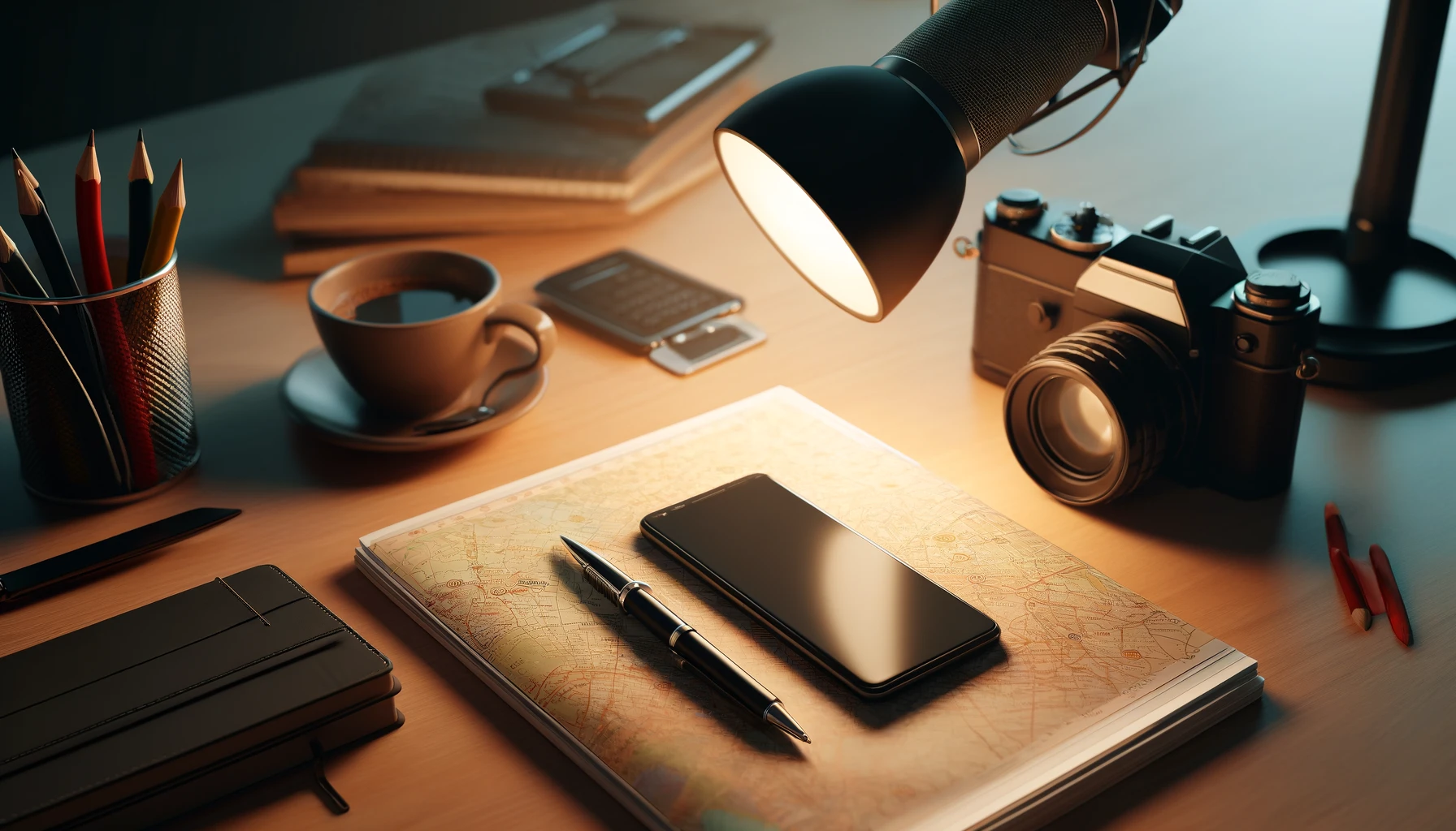 a journalist's workspace with a smartphone and a physical map spread out on a desk, surrounded by a notepad, a digital camera, and a coffee cup.