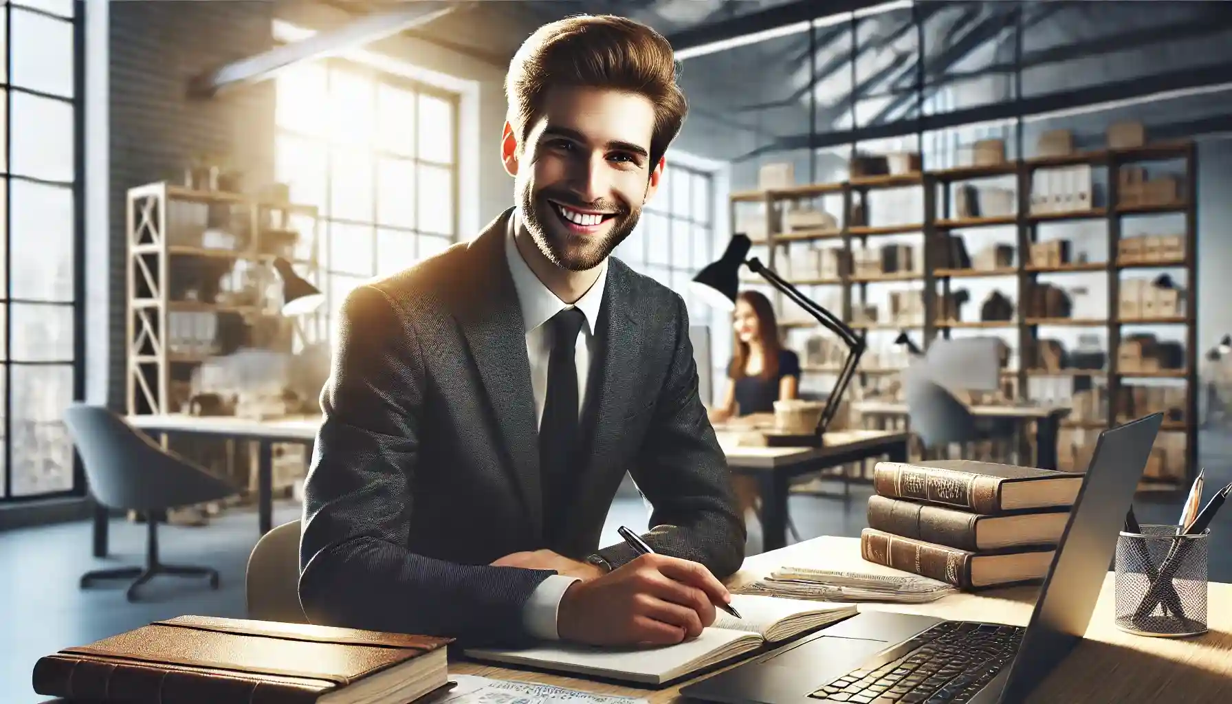a smiling journalist in a modern office environment. The journalist is seated at a desk with a laptop, notebook, surrounded by shelves of books.