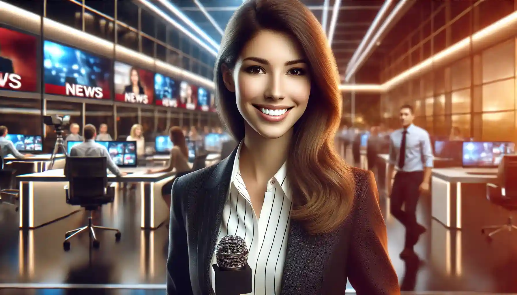 a smiling female journalist in a modern newsroom environment. She is standing confidently with a microphone in hand.