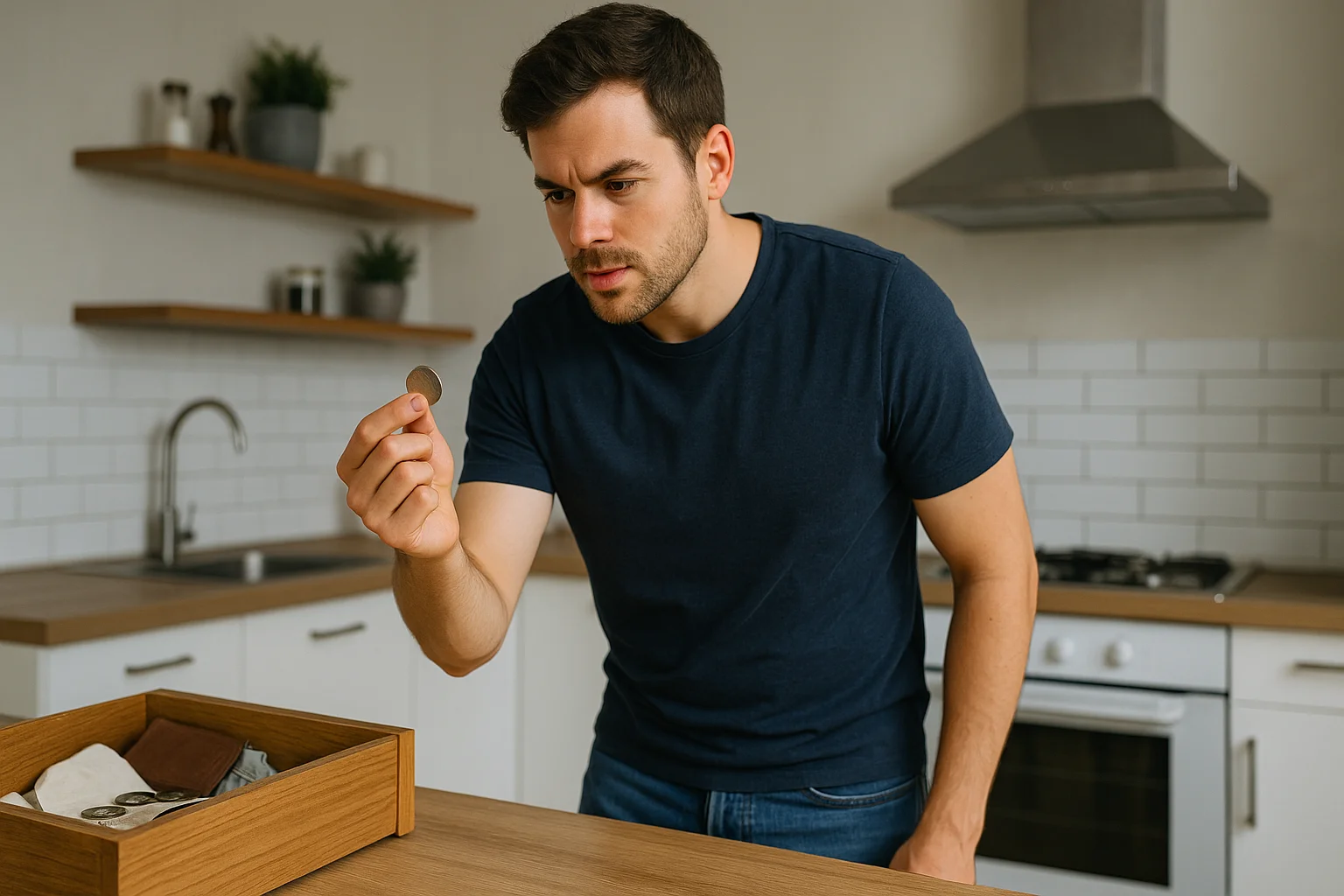 A young man stands at his kitchen table, examining a newly found coin with curiosity and focus.