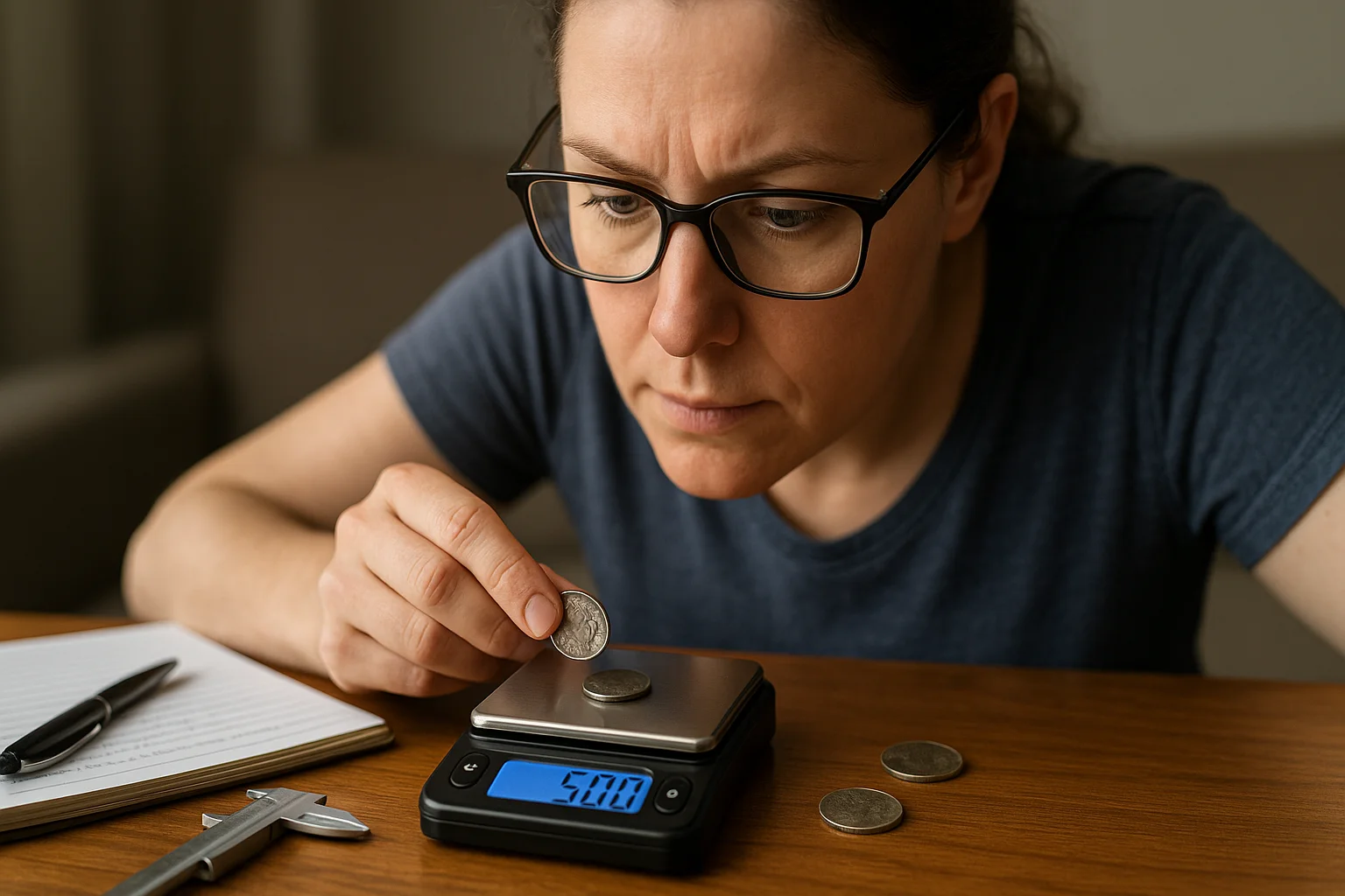 A woman carefully checks the weight and other details of a 1935 Buffalo Nickel on a digital scale, surrounded by other coin tools and notes.